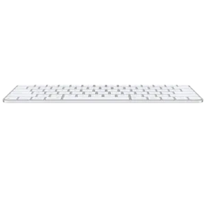 Side view of a white Apple Magic Keyboard with a slim, low-profile design.
