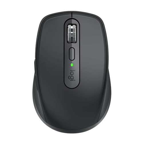 Top view of a black MX Anywhere 3S wireless mouse. The mouse has a sleek, curved design with a green power indicator light in the center.
