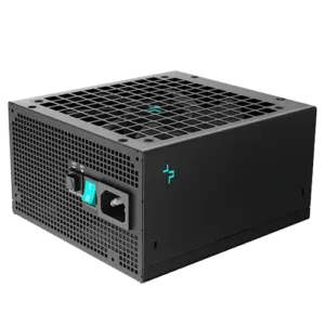 PX1000G 80 Plus Gold 1000W Modular Power Supply. The image shows the power supply unit from a front angle, showcasing its black exterior, mesh ventilation grille, teal accents, and power switch.