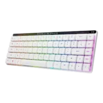 A white wireless mechanical keyboard with rainbow-colored backlighting. The "REPUBLIC OF GAMERS" logo is displayed above the keyboard. The keyboard is tilted slightly to the left.