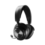 Black over-ear headphones with an attached microphone. The headphones feature a padded headband and ear cups.