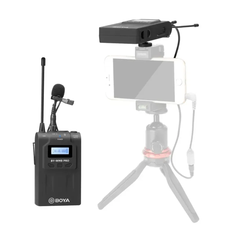 BY-WM8 Pro-K UHF Dual Channel Wireless Microphone with Hi-Fi sound quality and noise reduction, displayed in black.