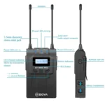 BY-WM8 PRO wireless microphone system controls - Showing channel selection buttons, power/LED indicators, 3.5mm audio output, battery compartment, and antenna status for professional audio recording.
