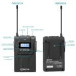 BY-WM8 Pro-K2 wireless microphone transmitter - Showing antenna, channel selection buttons, power LED indicators, microphone/line inputs, frequency range details (A-CH 576.4MHz-599.9MHz / B-CH 598.6MHz-592.1MHz), and technical specifications.