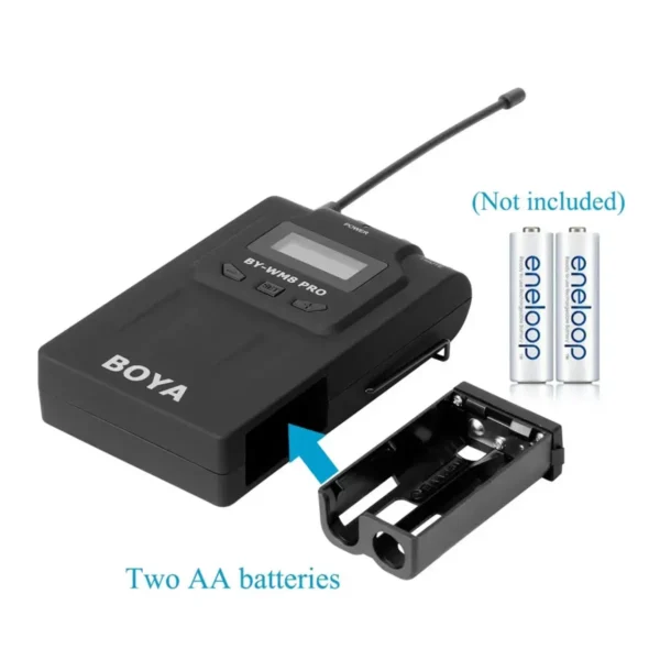 BY-WM8 PRO wireless microphone receiver with battery compartment (requires 2 AA batteries) for professional audio recording setups.